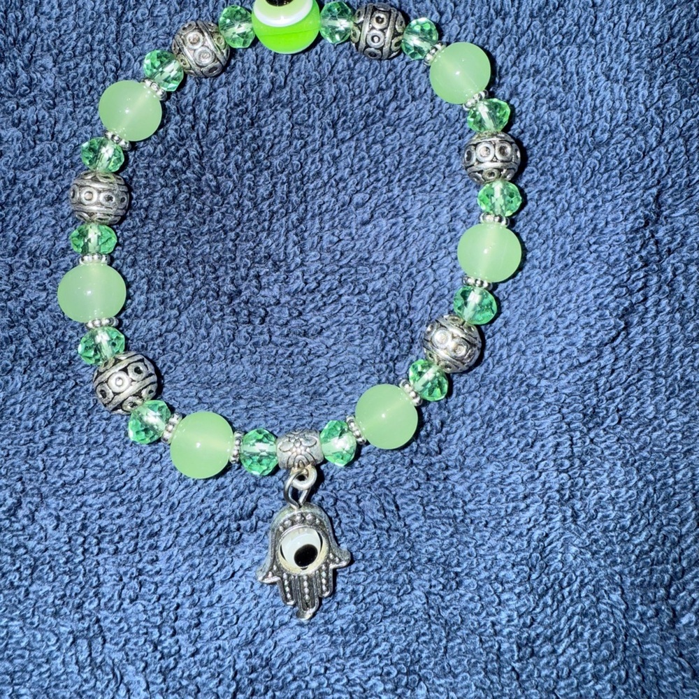 Green and Silver Beaded Bracelet with Hamsa Charm
